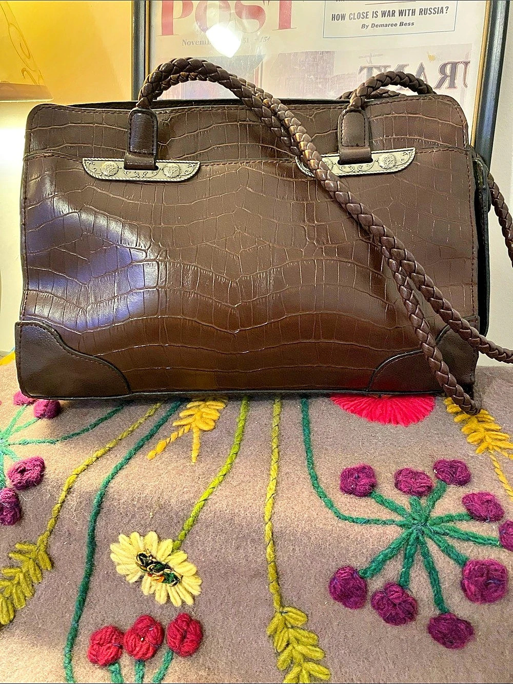 Massini Brown Crocodile-Embossed Shoulder Bag, over the top with pockets